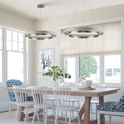 LED 2 Ring Chandelier Dimmable Up Down Light Nickel Chandelier Round Foyer Chandeliers Light Weathered Wood Circular Chandeliers for Dining Room Entry Bedroom Office Living Room