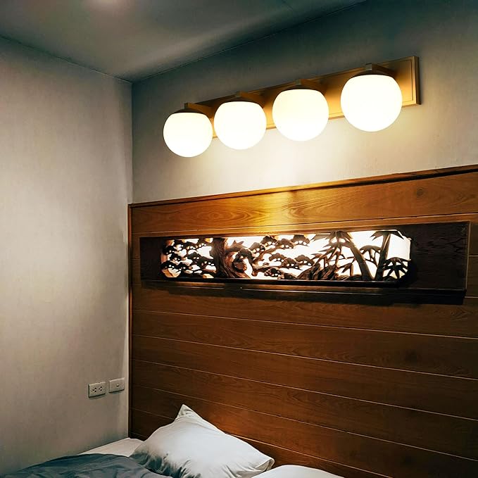 Gold Bathroom Vanity Light Fixtures, 4-Light Globe Bathroom Lighting Fixtures Over Mirror, Modern Wall Lights for Living Room, Long Backplate, Standard E26 Base, Aged Brass