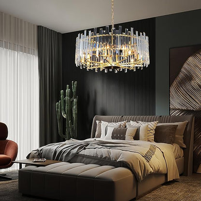 Gold Crystal Chandeliers for Dining Room, 27.6" Modern Round Chandelier Large Adjustable Height Ceiling Hanging Pendant Light Fixture for Dining Living Room Bedroom