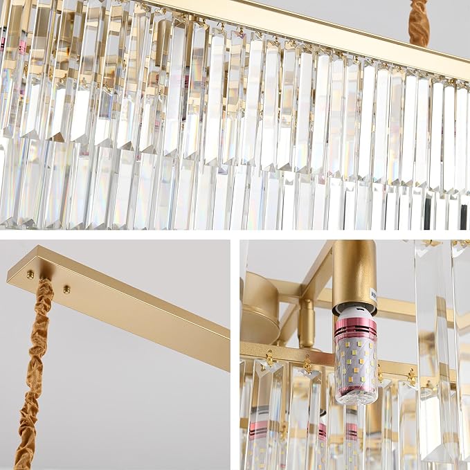 Gold Rectangular Chandelier 40 Inch-10-Light Luxury Crystal Pendant Lighting for Dining Room, Kitchen Island & Bar-Adjustable Height, Flush Mount Ceiling Fixture,Premium Lighting Fixture(Gold, L-40")