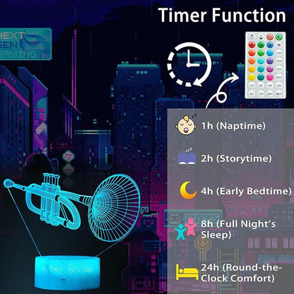 Trumpet Night Light, Trumpet Gifts, 3D Illusion Lamp with 16 Colors Changing, Timer, 4 Flash Modes and Dimmable, Kids Boys Girls Room Decoration, Holiday Xmas Gifts