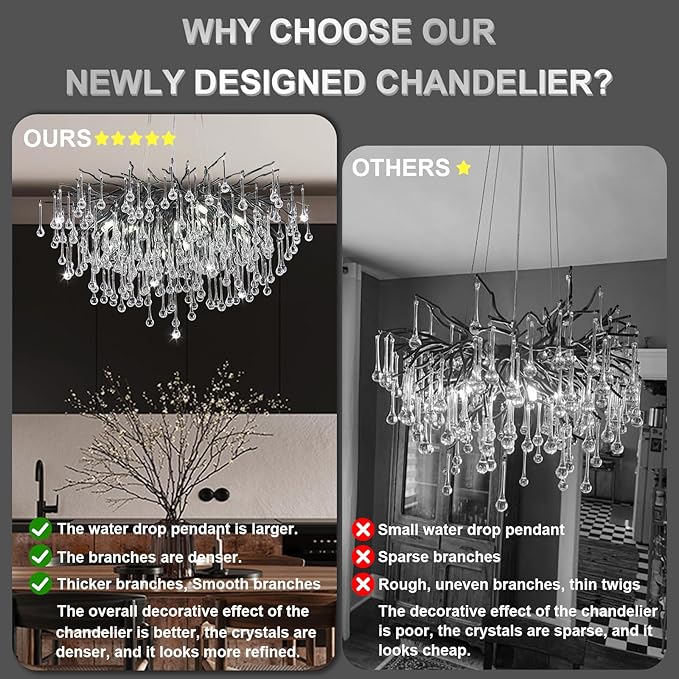 Chandeliers for Dining Room - 31.5" Modern Black Crystal Chandelier, Round Tree Branch Raindrop Chandelier, Foyer Chandeliers for Entryway, Living Room,Bedrooms,Bathroom(Bulb not Included)