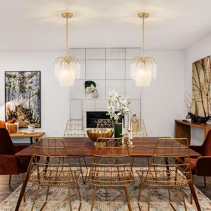 LumFurn D12inch 3-Light Glass Chandeliers, Modern 2-Tier Pendant Light Fixture for Dining Room, Living Room, D12x18~47Inch Adjustable Height, White Frosted Glass Feather Shade & Gold Finish Frame