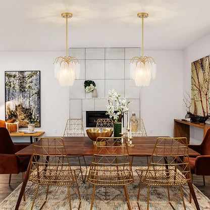 LumFurn D12inch 3-Light Glass Chandeliers, Modern 2-Tier Pendant Light Fixture for Dining Room, Living Room, D12x18~47Inch Adjustable Height, White Frosted Glass Feather Shade & Gold Finish Frame