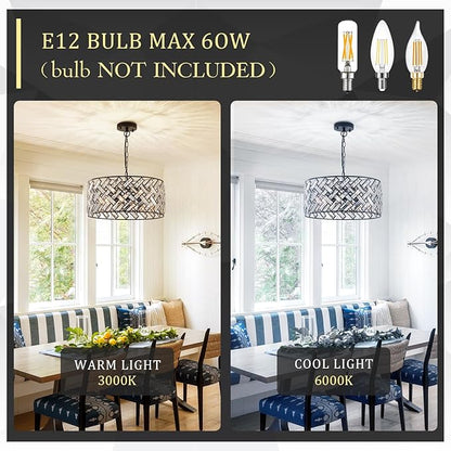 Crystal Ceiling Light Black Modern Chandelier 18" Pendant Light 6-Light Convertible Semi Flush Mount Lighting Drum Semi Flush Mount Hanging Drum Shade for Kitchen Island Dining Room Bedroom Hallway