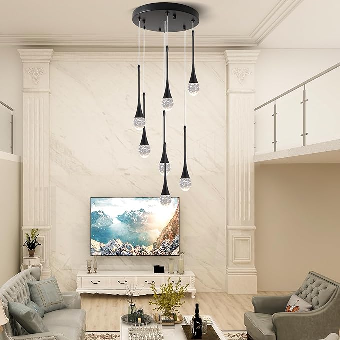 Modern Crystal Chandelier 7-Lights Black, H60'' High Ceiling Spiral Dimmable LED Bubble Crystal Raindrop Light Fixture for Foyer Entryway Dining Room Remote Control