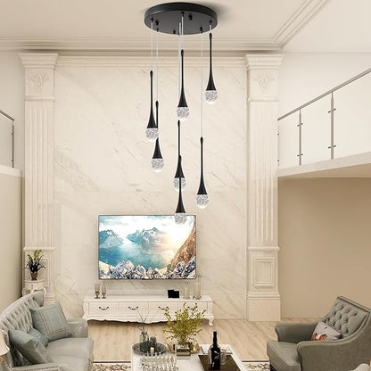 Modern Crystal Chandelier 7-Lights Black, H60'' High Ceiling Spiral Dimmable LED Bubble Crystal Raindrop Light Fixture for Foyer Entryway Dining Room Remote Control