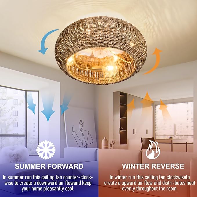 Rattan Ceiling Fan with Lights 19.7IN Boho Handwoven Caged Fandelier with Light Farmhouse Handwoven Ceiling Fan Chandelier Fixture for Dining/Living Room Bedroom Entry Kitchen Restaurant Office