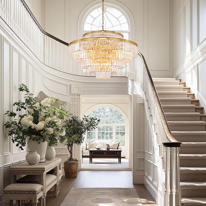 Gold Modern Crystal Chandeliers Large Chandelier 6-Tier Hanging Raindrop Pendant Light Fixture for Dining Room Bedroom Living Room Dia 31 Inch