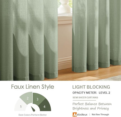 Melodieux Sage Green Semi Sheer Curtains 84 Inches Long for Living Room, Bedroom Linen Look Farmhouse Rod Pocket Shiny Sheer Curtain Drapes Light Filtering Home Office, 52" W x 84" L, 2 Panels