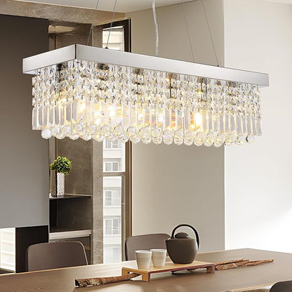 Modern Crystal Chandeliers for Dining Room Kitchen Island Light Fixture, 6-Light Rectangle Chandelier for Living Room, L31.5 Inch, Chrome Finish