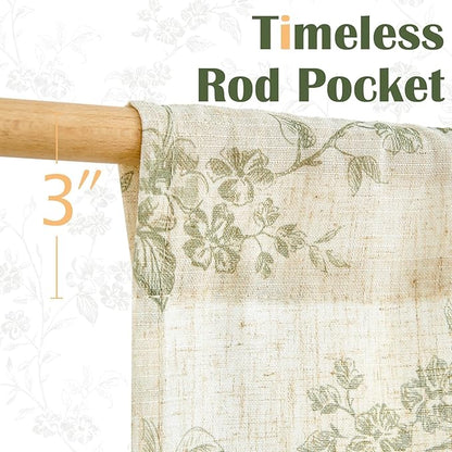 jinchan Floral Kitchen Curtains 36 Inch Linen Tier Curtains Farmhouse Cafe Half Window Drapes Over Sink Light Filtering for Living Room Laundry RV Rod Pocket 2 Panels Sage Green on Beige