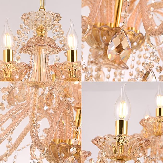 18-Light Amber Crystal Chandelier Light Fixtures for Living Room,Double Layer Lamps Design K9 Crystal Pendant Light Lighting for Dinning Room Lobby Foyer Staircase (Amber 18 Lights)