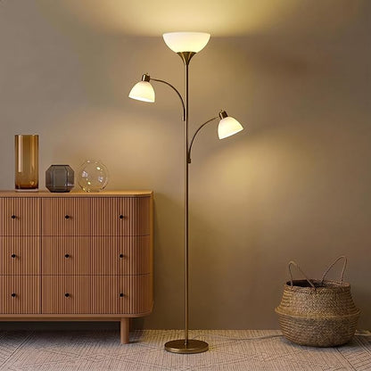 Brightech Sky Dome Double LED Floor lamp, Torchiere Super Bright Floor Lamp with 2 Reading Lamps for Living Rooms & Offices - Dimmable Tall Standing Lamp for Bedroom Reading - Tall Brass Pole