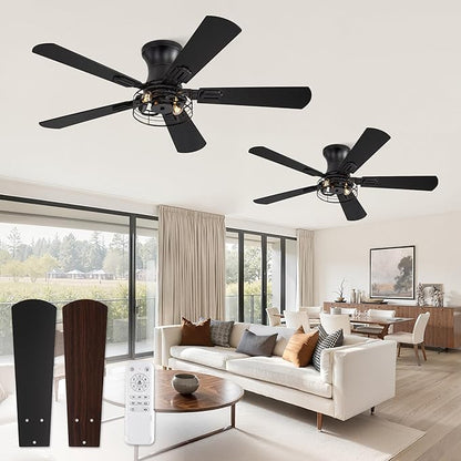 2 Pack Flush Mount 42 Inch Farmhouse Ceiling Fan with Light, Caged Ceiling Fans for Bedroom Living Room, Double-Sided 5 Blades Rustic Ceiling Fan-Black