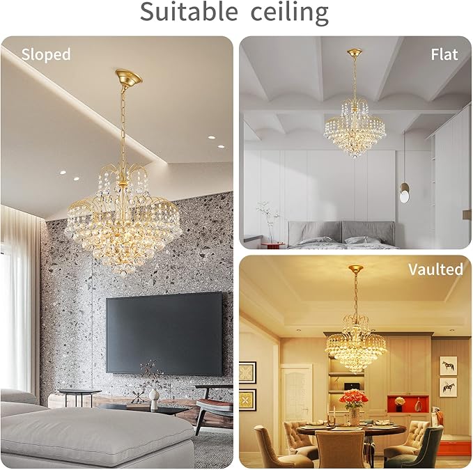 WUZUPS Crystal Chandelier Pendant Flushmount Ceiling Light Modern Lighting Fixture for Bedroom Hallway Bar Kitchen Bathroom, H 17.3" x W 18.9", Gold, E12 Base