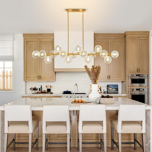 55" Linear Chandelier Swirled Glass Gold Sputnik Chandelier, Long Modern Chandeliers for Dining Room 16-Light Electroplated Brass Large Chandelier Long Dining Room Light Fixture Linear Island Lights