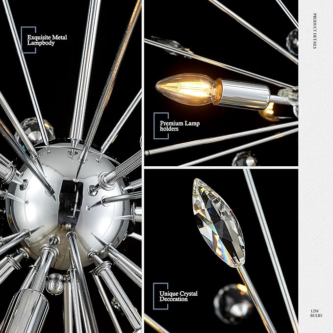 27.3" 8-Light Silver Sputnik Chandelier Modern Industrial Adjustable Firework Globe Ceiling Fixture for Living Room, Entryway, Dining, Bedroom, Hallway, Stairway
