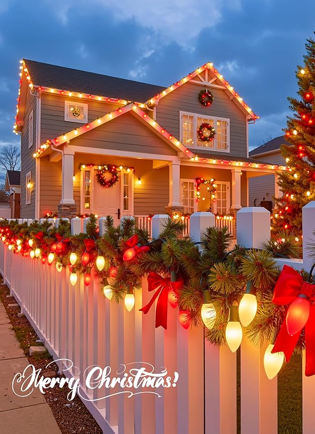 C9 LED Christmas Lights Outdoor, 100 Feet C9 String Lights with 100 Shatterproof Matte Bulbs, Connectable Waterproof Christmas Tree Lights for Holiday Roofline Backyard Garden Decor, Red & Warm White