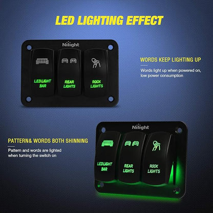Nilight 3 Gang Rocker Switch Panel Aluminum 5 Pin ON Off Toggle LED Light Bar SPST 12V-24V Green Switches for Marine Boats,Cars,ATVs,UTVs