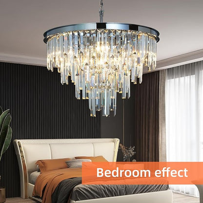 24'' Chrome Top K9 Crystal Chandelier Modern Lighting Fixture, 9 Lights Round K9 Crystal Adjustable Hanging Lamp for Dining Room Bedroom Living Room,Hallway,Bar,Kitchen