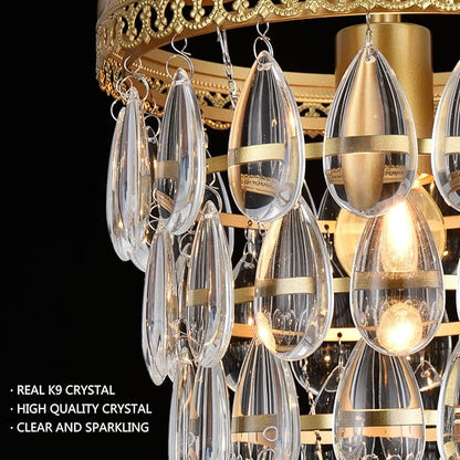 Vintage 5-Tier K9 Raindrop Crystal Chandelier,Gold Crystal Chandeliers with Metal Frame, Crystal Pendant Light for Bathroom,Foyer,Corridor,Closet,9-inch Wide,1-Light