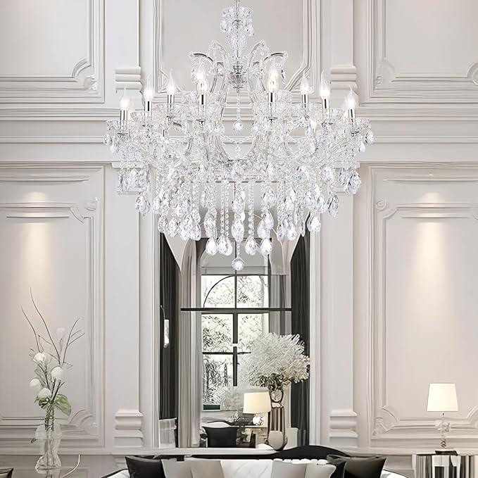 Modern Large Crystal Chandelier for High Ceiling, 18 Lights 2 Layers Luxury Maria Theresa Chrome Chandelier Light Fixtures for Dining Room, Living Room, Foyer, Staircase, Lobby