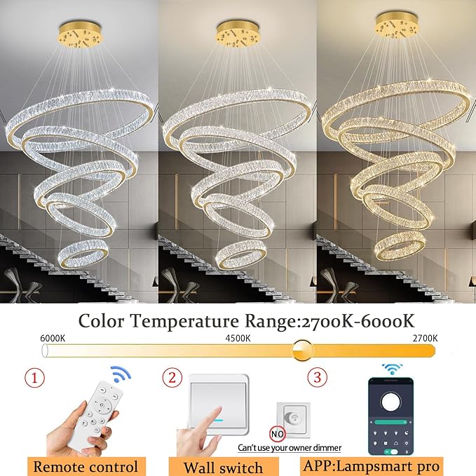 Modern 5 Ring Chandeliers for High Ceiling Foyer,Luxury Dimmable Crystal Ceiling Light Fixtures Staircase Entrance Villa Large Gold Chandelier D8''+15.7"+23.6"+31.5"+39.4"