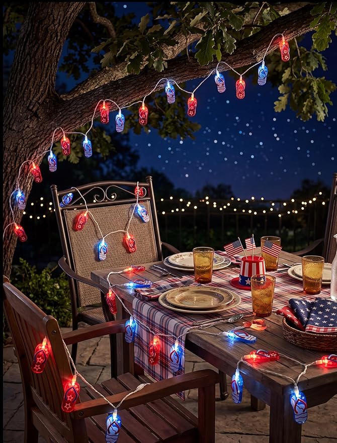 8.5Ft LED Tropical Beach Flip Flop String Lights, 4th of July Slipper String Lights Plug in with 10 Bulbs, Independence Day Decoration Lights for Patriotic Party Garden Festival National Day, White