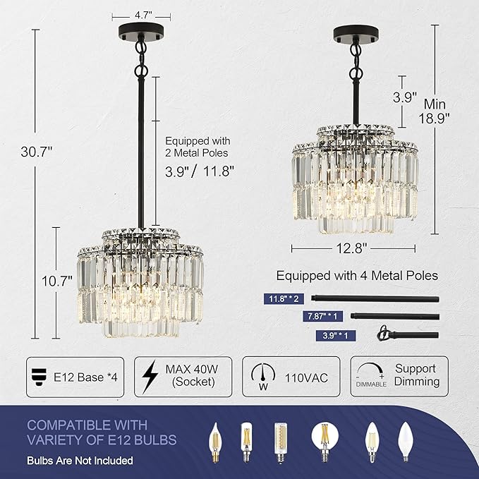 Modern 12.8“ Black Crystal Chandelier Ceiling Light Fixtures for Dining Room Luxury Glam 4-Light Crystal Chandeliers Lighting for Bedroom Entryway Hallway Living Room Kitchen Island Foyer