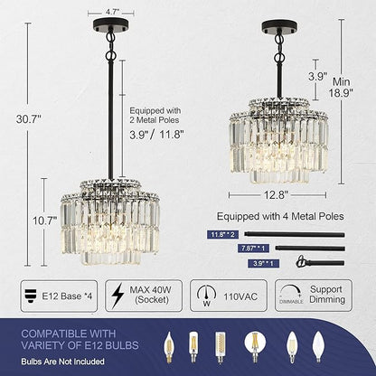 Modern 12.8“ Black Crystal Chandelier Ceiling Light Fixtures for Dining Room Luxury Glam 4-Light Crystal Chandeliers Lighting for Bedroom Entryway Hallway Living Room Kitchen Island Foyer