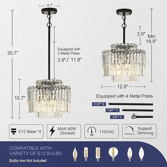 Modern 12.8“ Black Crystal Chandelier Ceiling Light Fixtures for Dining Room Luxury Glam 4-Light Crystal Chandeliers Lighting for Bedroom Entryway Hallway Living Room Kitchen Island Foyer