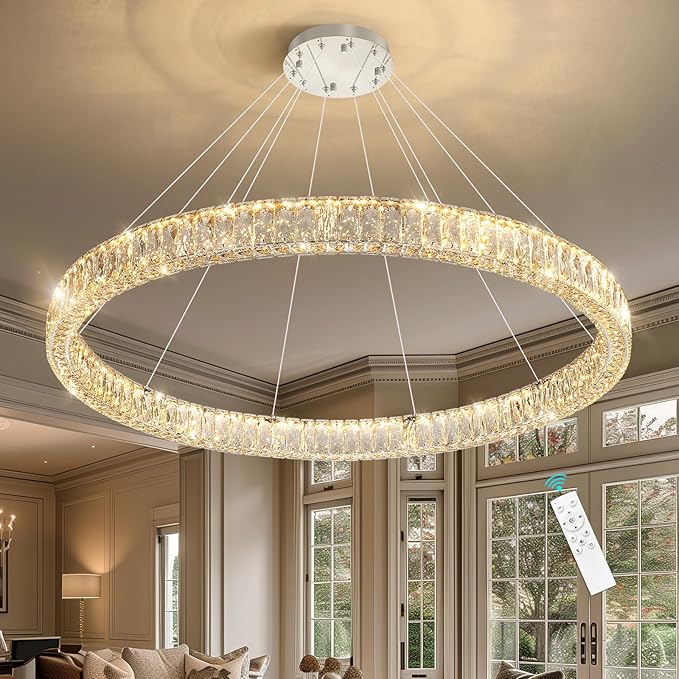 HAIXIANG Modern Crystal Chandelier Dimmable Large Ring LED Pendant Lights Adjustable Glam Chandeliers Lighting Fixtures for Dining Room Living Room Bedroom Silver Light