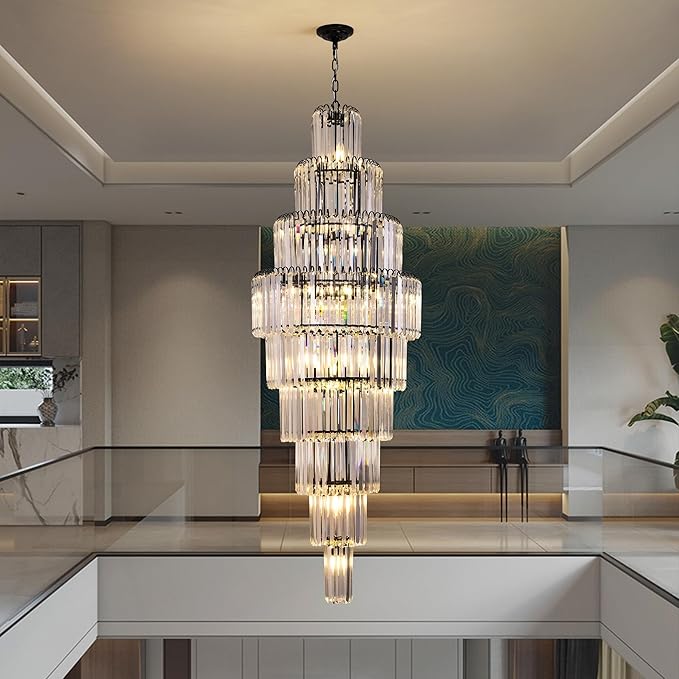 Modern Black Crystal Staircase Chandelier 9-Tier Large Foyer Chandelier for High Ceiling, Long Entryway Chandeliers Adjustable Chain for Entrance Hall Living Room Dia 23.7" x H 69" 20 Lights