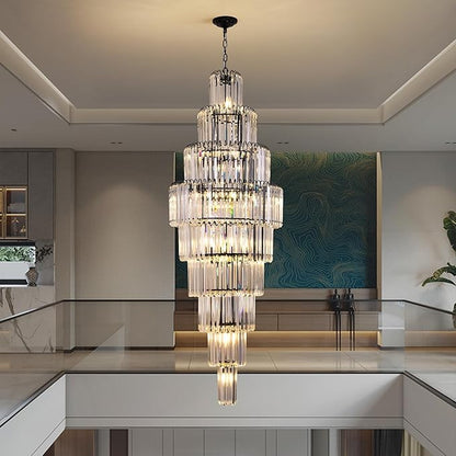 Modern Black Crystal Staircase Chandelier 9-Tier Large Foyer Chandelier for High Ceiling, Long Entryway Chandeliers Adjustable Chain for Entrance Hall Living Room Dia 23.7" x H 69" 20 Lights