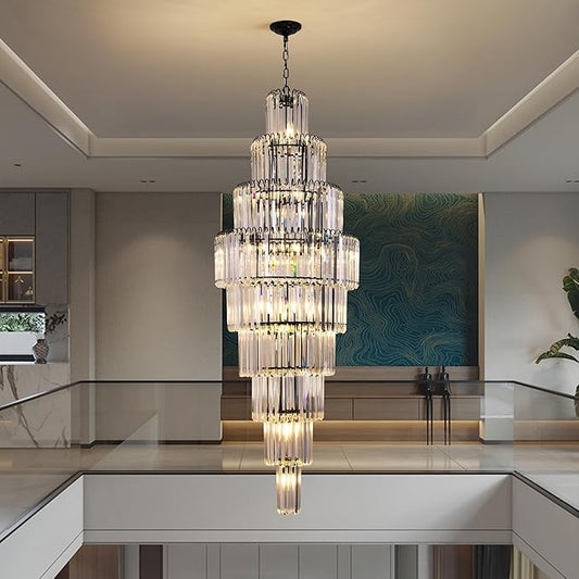 Modern Black Crystal Staircase Chandelier 9-Tier Large Foyer Chandelier for High Ceiling, Long Entryway Chandeliers Adjustable Chain for Entrance Hall Living Room Dia 23.7" x H 69" 20 Lights