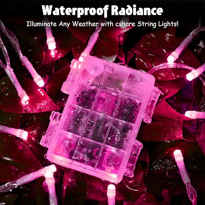 cshare String Lights Outdoor Waterproof 9.8ft 30 LED, Pink Fairy Lights Battery Operated with Timer Clear Wire for Indoor & Outdoor Christmas Valentine's Day Decorations Garland Party2 Packs