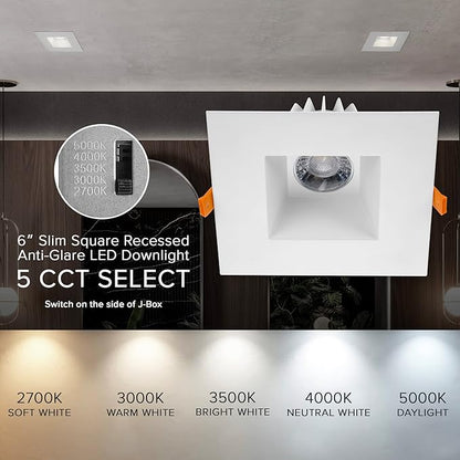 Maxxima 6” Ultra-Thin Recessed Anti-Glare LED Downlight Canless IC Rated 1300 Lumens 5 Color Temperature Select 2700K/3000K/3500K/4000K/5000K Dimmable Square White Trim 90 CRI 5CCT Slim J-Box Included