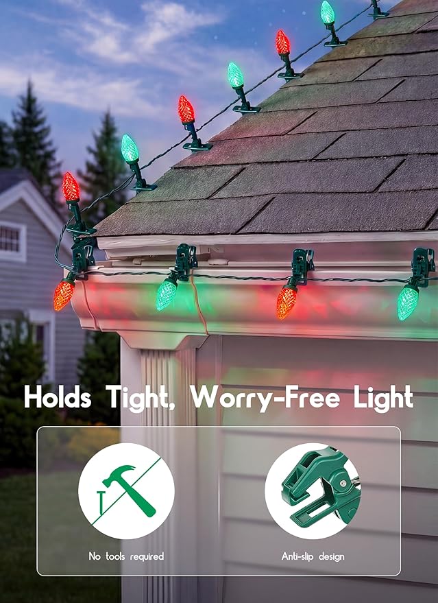 C9 LED Christmas Lights Outdoor, 68 Feet 100 LED Strawberry String Lights With 100 Spring Clamps, Waterproof Commercial Grade Extendable for Outside Roofline Patio Home Xmas Decoration, Red & Green