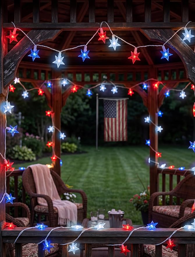 4th of July Decorations Star String Lights, 13.6Ft Red White Blue Patriotic Lights with 35 LED Stars, Waterproof Plug in Fairy String Lights for Memorial Day Independence Day Outdoor Indoor Decor