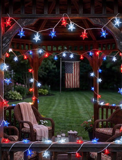 4th of July Decorations Star String Lights, 13.6Ft Red White Blue Patriotic Lights with 35 LED Stars, Waterproof Plug in Fairy String Lights for Memorial Day Independence Day Outdoor Indoor Decor