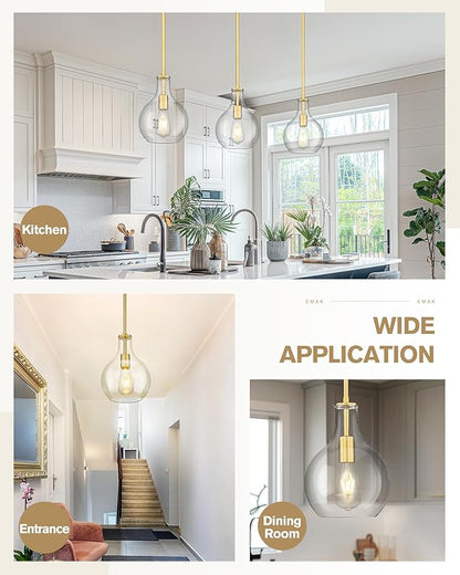 Emak Brushed Gold Pendant Light Fixtures, Modern Glass Pendant Lights Kitchen Island, 2 Pack 8 Inch Hanging Lights for Kitchen, Bathroom, Bedroom, Dining Room, PL125-BGD-2PK