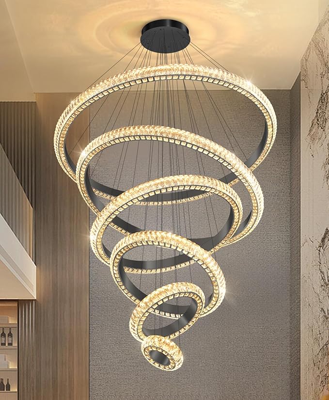 47" 6 Ring Crystal Chandelier Modern LED Dimmable Ring Pendant Light Chandelier for Dining Room Living Room Black