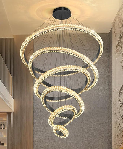 47" 6 Ring Crystal Chandelier Modern LED Dimmable Ring Pendant Light Chandelier for Dining Room Living Room Black