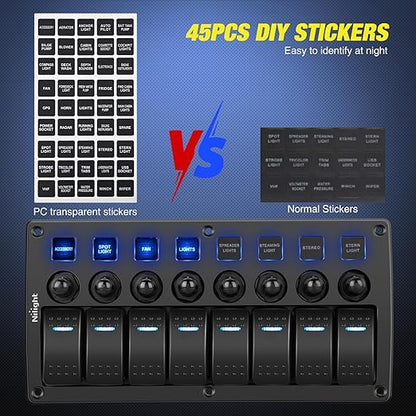 Nilight 8 Gang Rocker Switch Panel Waterproof Pre-Wired Marine with Resettable Circuit Breaker LED Backlight 5A 10A 15A Breakers 12V 24V ON Off 3 PIN Toggle Switches for Car Truck Boat RV