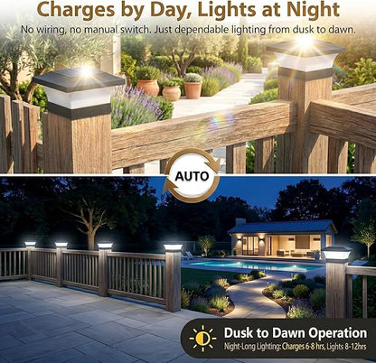 T-SUN Solar Post Cap Lights 4 Pack for 4x4, 5x5 & 6x6 Posts, 6500K Cool White, Waterproof Dusk to Dawn LED Deck & Fence Post Lights, Eco-Friendly & Sustainable, Made with Recycled Materials