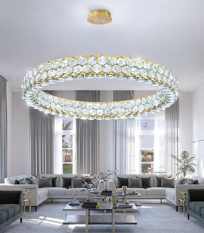 Modern Ring Chandelier, Crystal Chandeliers for Dining Room Round Ceiling Light Fixture for Living Room Bedroom Lighting LED Dimmable with Remote Ring Lights, 32inch Gold Light