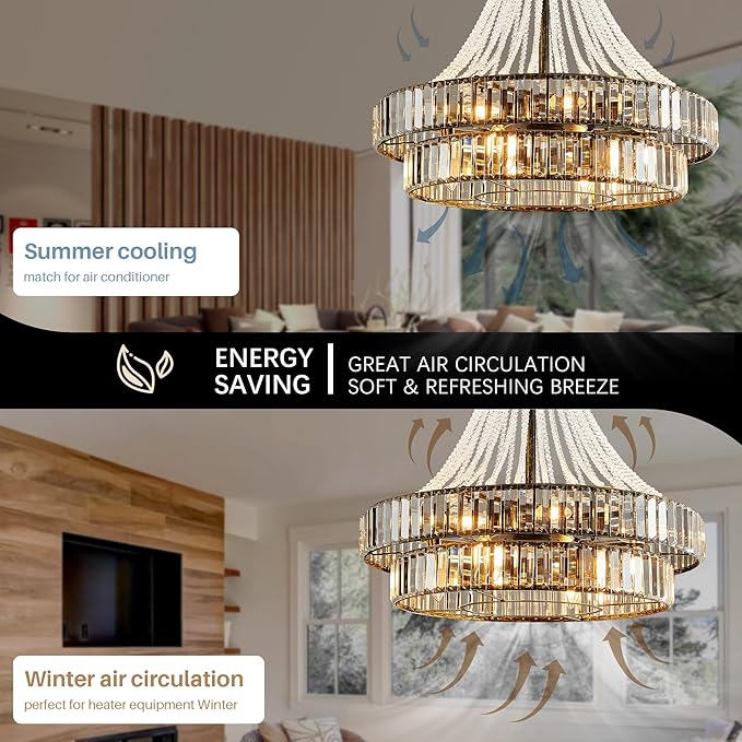 24" Modern Crystal Caged Fandelier, Smart Chandelier Fan with Remote and APP Control, Double Layer Ceiling Fan with Light for Dining Living Room Bedroom, Italian Design-Black Gold