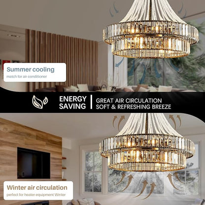 24" Modern Crystal Caged Fandelier, Smart Chandelier Fan with Remote and APP Control, Double Layer Ceiling Fan with Light for Dining Living Room Bedroom, Italian Design-Black Gold