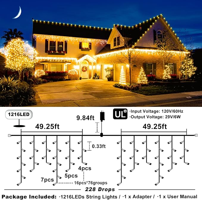 Warm White Christmas Lights Outdoor - 99ft 1216 LED 8 Modes Hanging Dripping Icicle String Lights with 228 Drops, Plug in Waterproof Timer Memory for House Home Holiday Yard Wedding Party Indoor